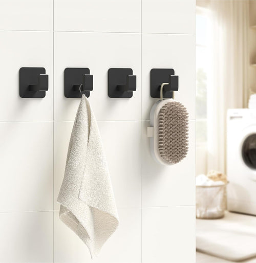 Square Self Adhesive Towel Hooks - 4 Pack Matte Black Metal Hooks, Right-Angle D